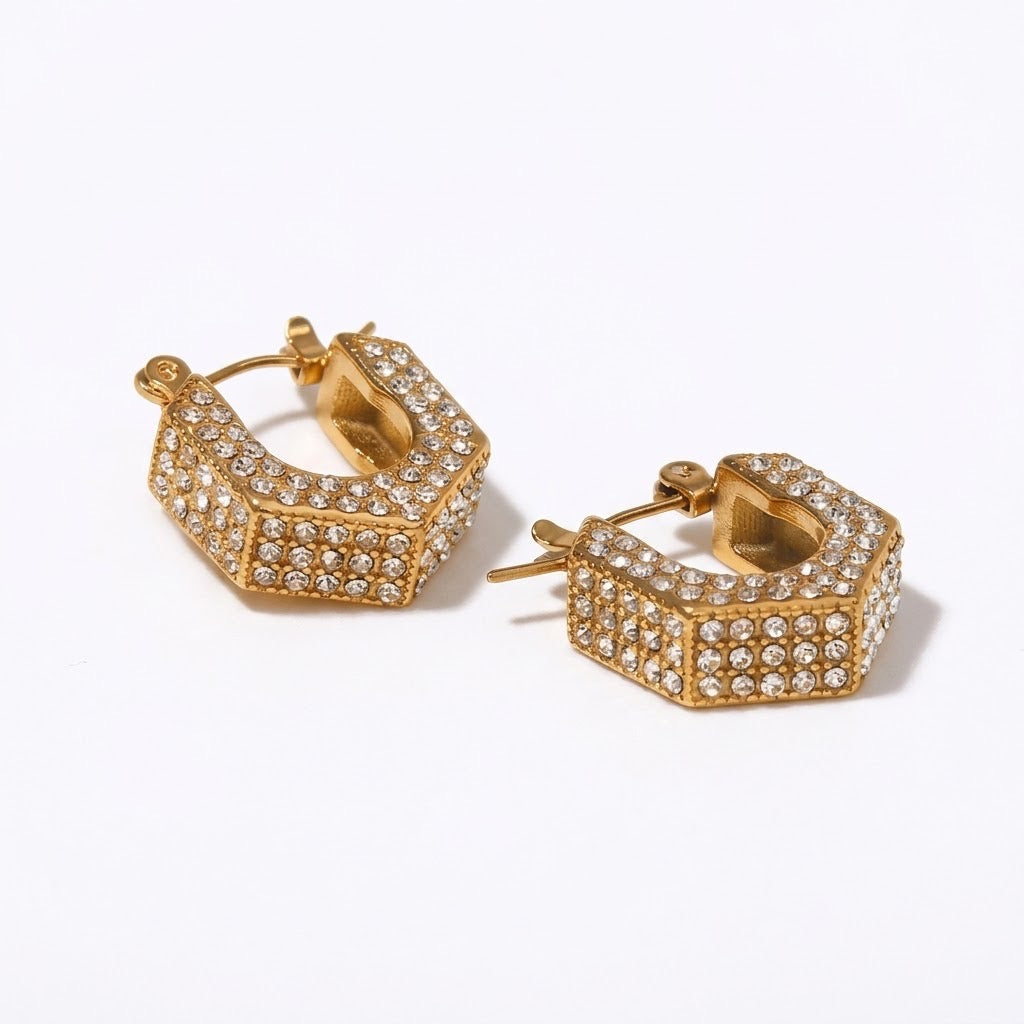 Hexagon Crystal Gold Hoop Earrings