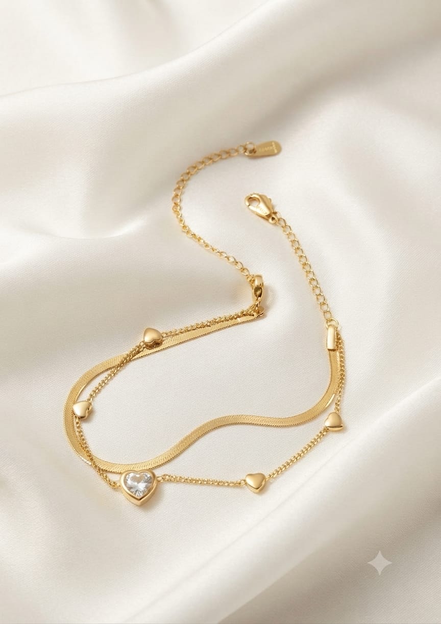 Gold Double Layer Heart Charm Bracelet