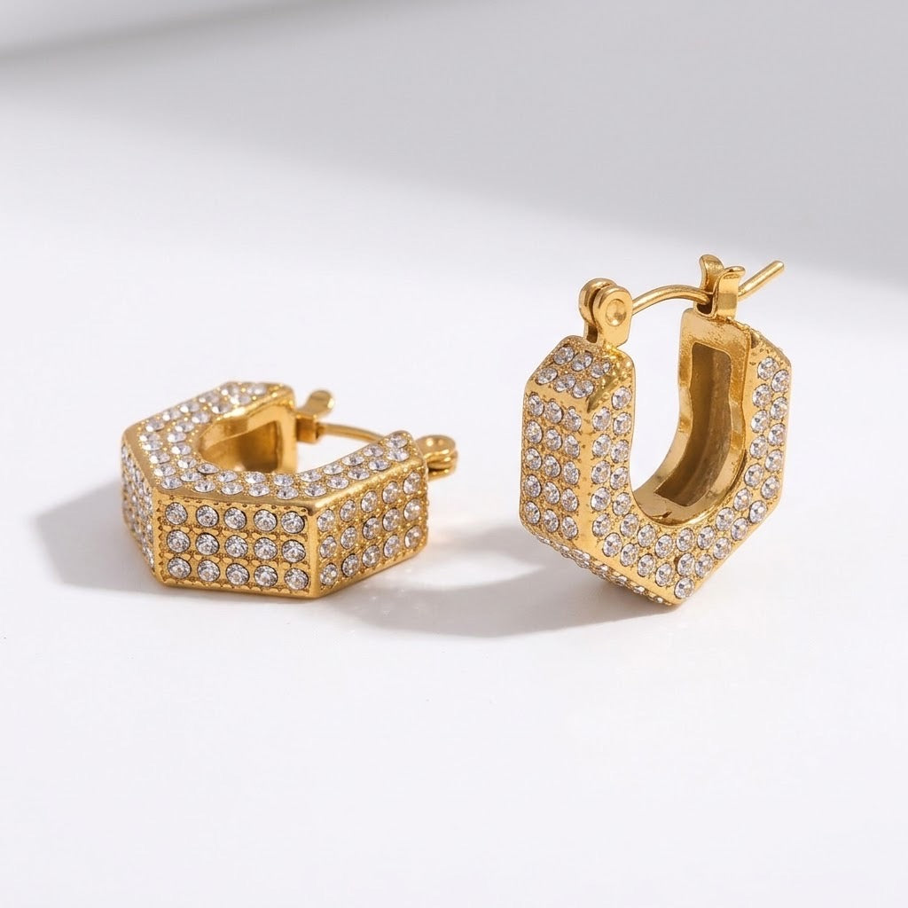 Hexagon Crystal Gold Hoop Earrings