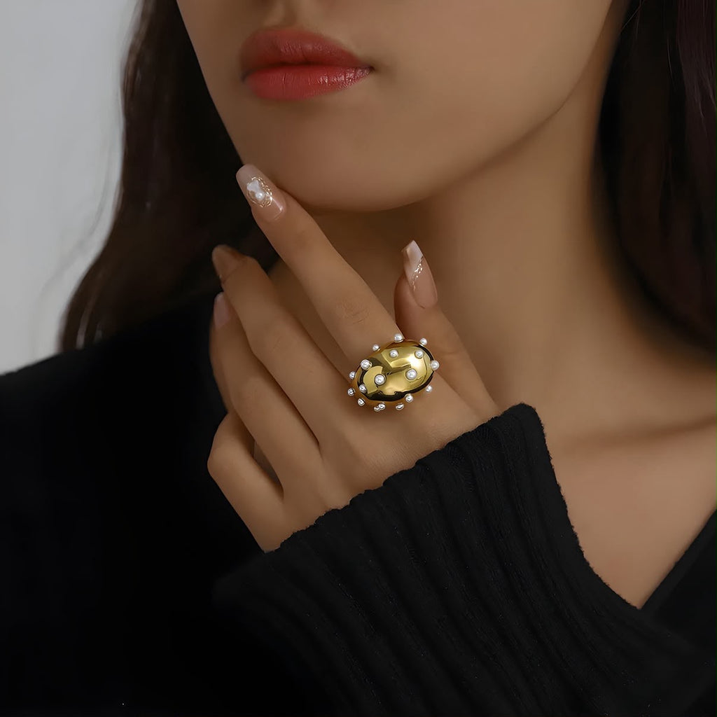 Chunky Gold Pearl Adjustable Ring