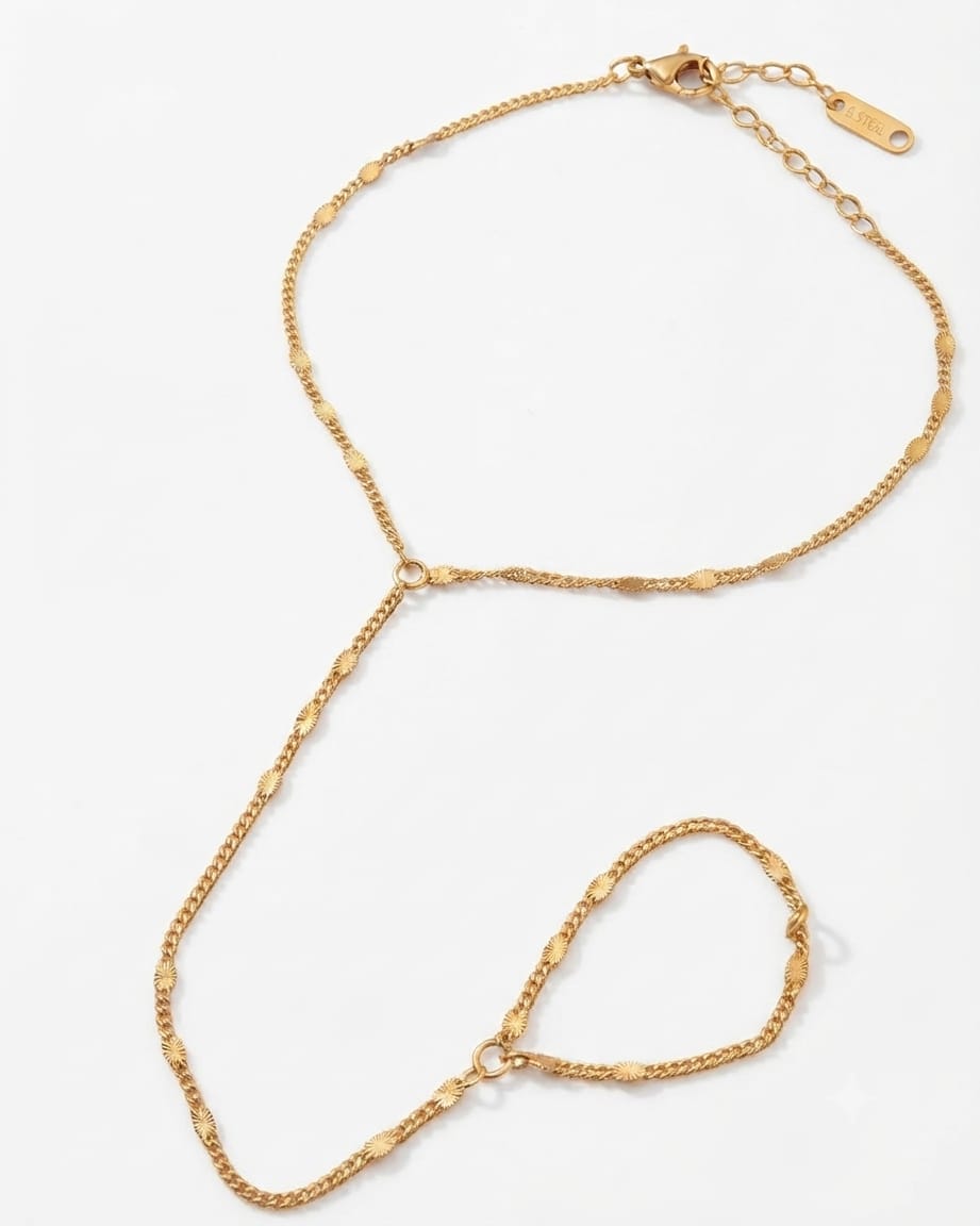 Gold Textured Hand Chain Bracelet with Finger Ring