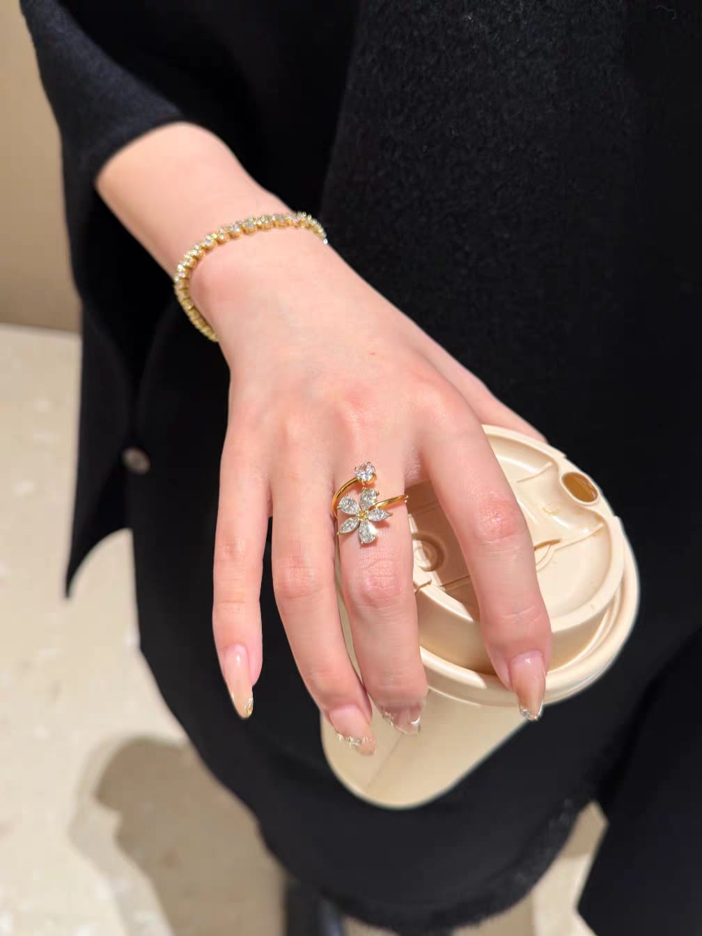 Crystal Flower Open Ring