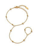 Gold Beaded Hand Chain Bracelet with Finger Ring