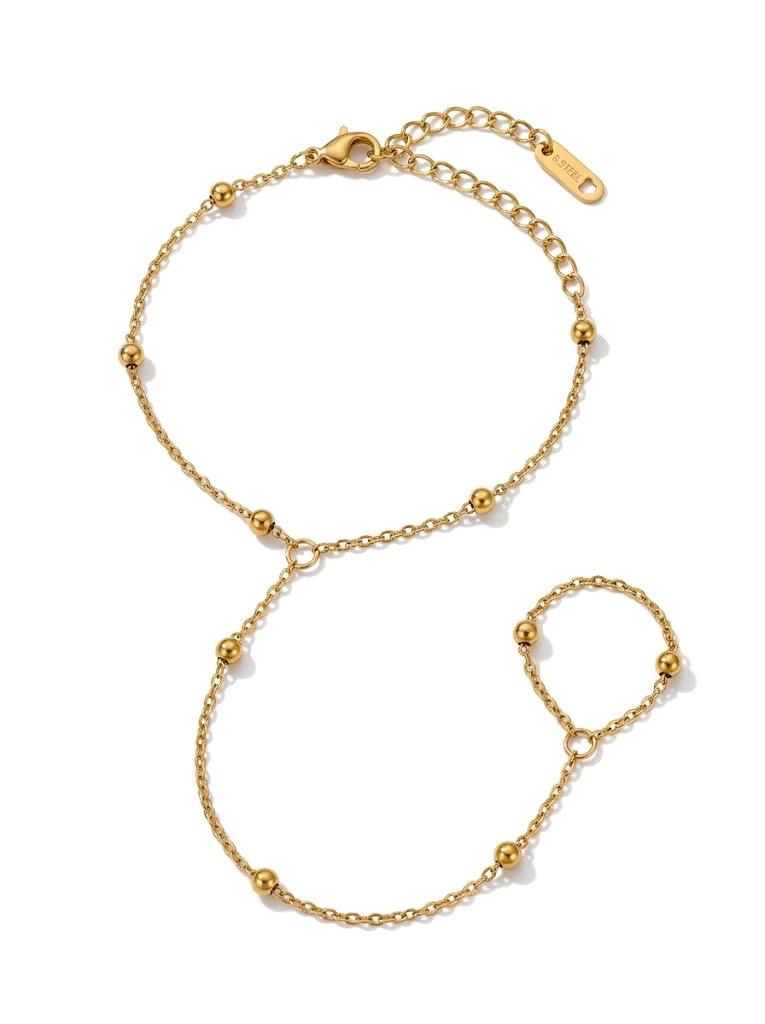 Gold Beaded Hand Chain Bracelet with Finger Ring
