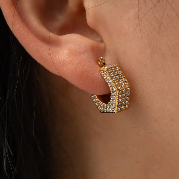 Hexagon Crystal Gold Hoop Earrings