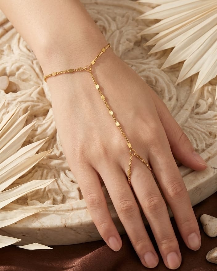 Gold Textured Hand Chain Bracelet with Finger Ring