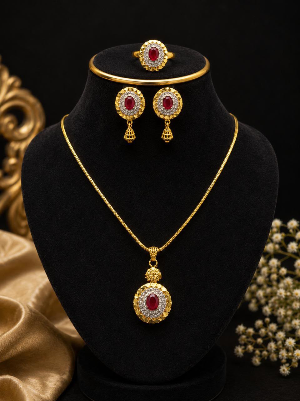Gold Plated Oval Ruby Pendant Set